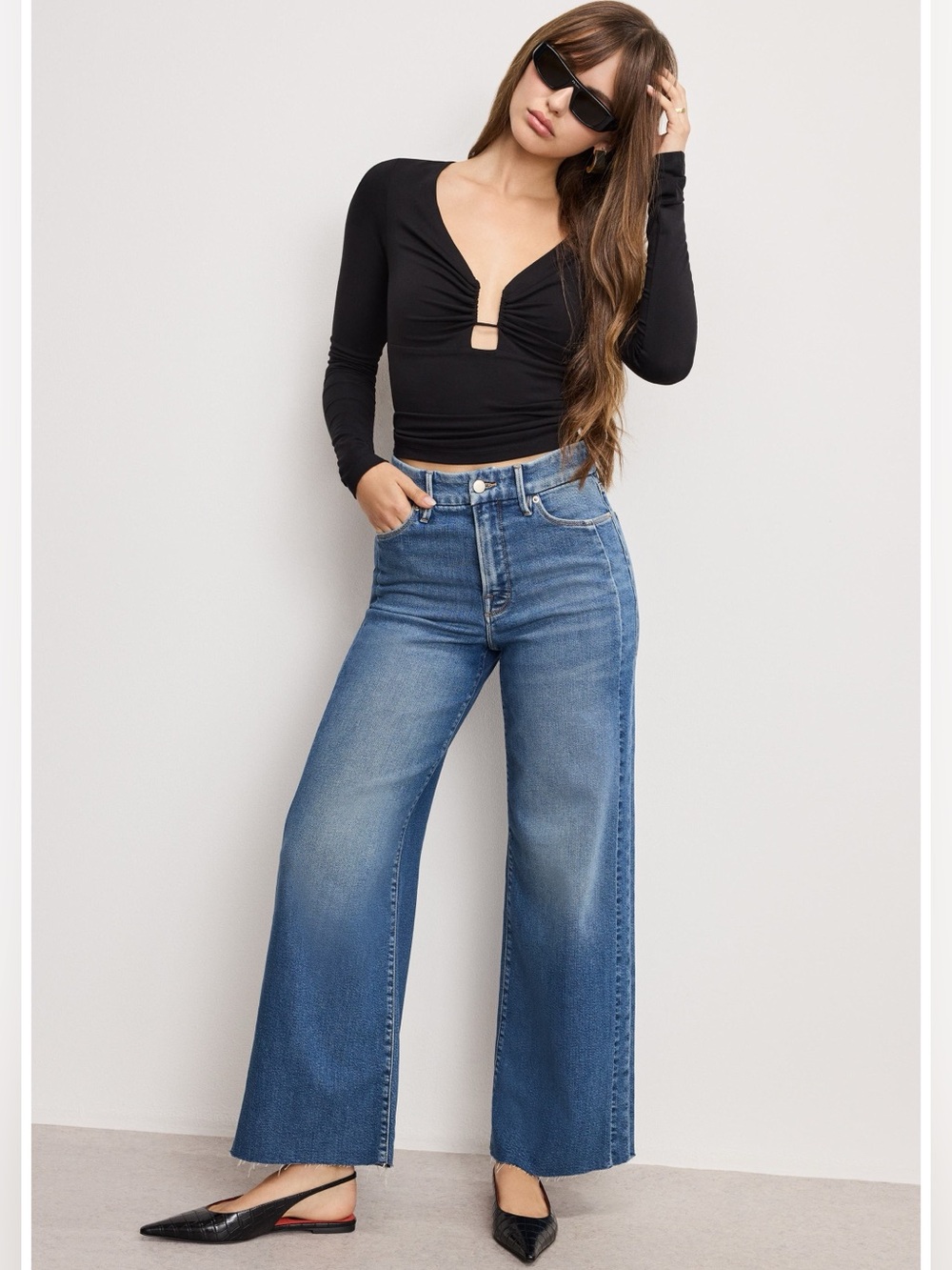 Good American Good Skate Raw Hem Ankle Wide Leg Jeans